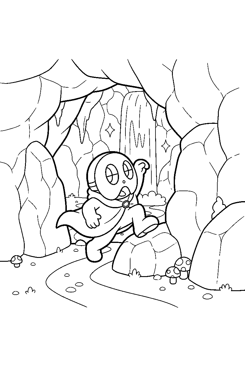 shy guy climbing happily in a hidden cave line art