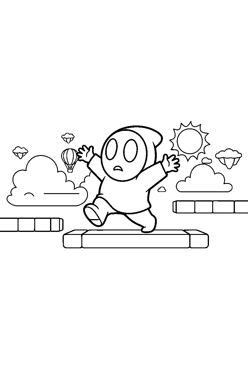 shy guy exploring happily in a sky level line art