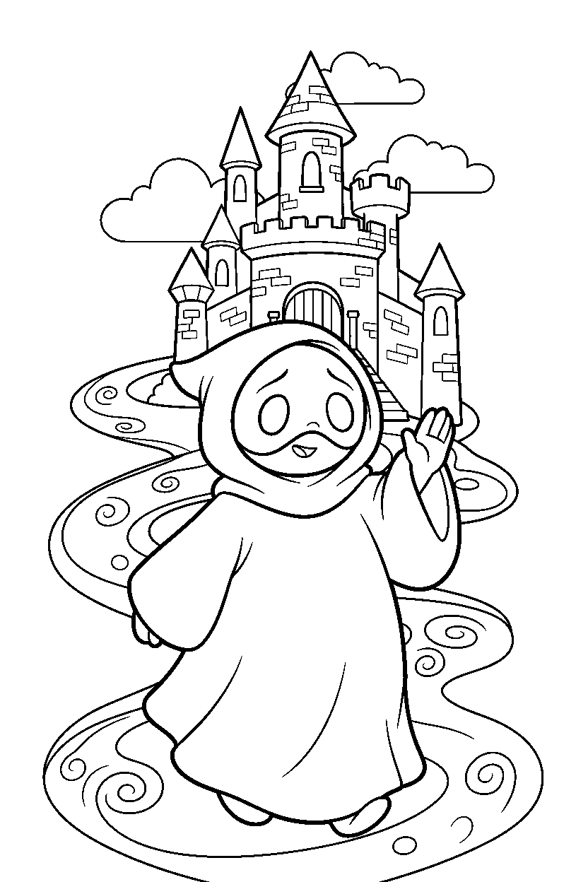 shy guy exploring happily near a castle line art