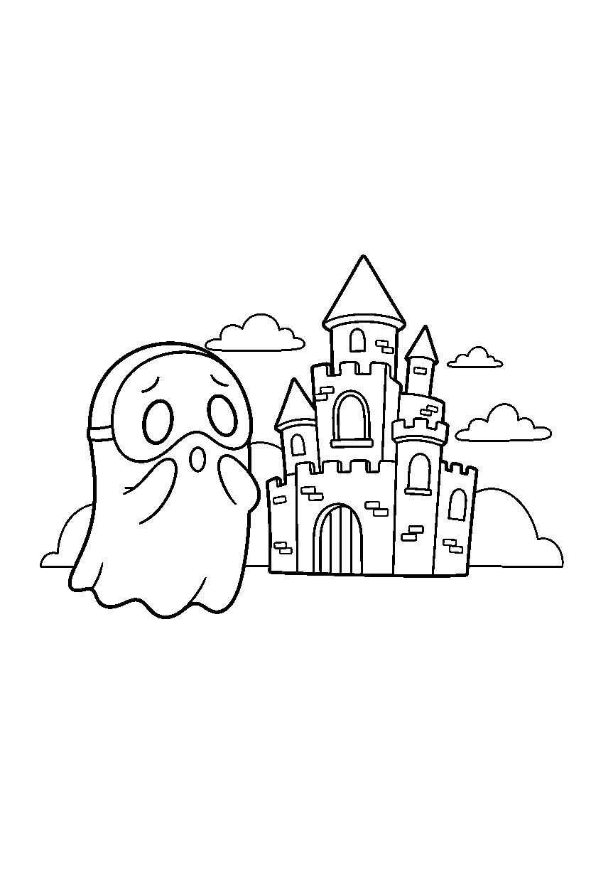 shy guy looking surprised near a castle line art