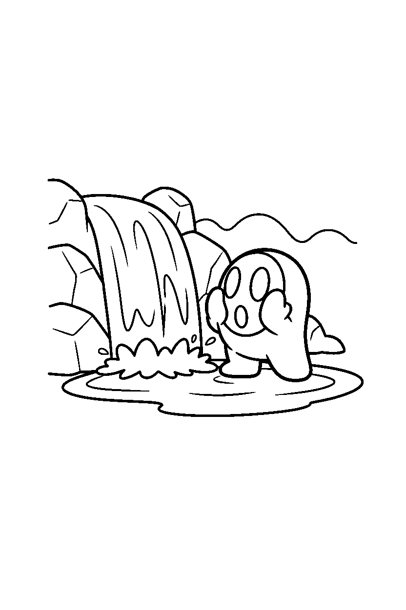 shy guy looking surprised near a waterfall line art