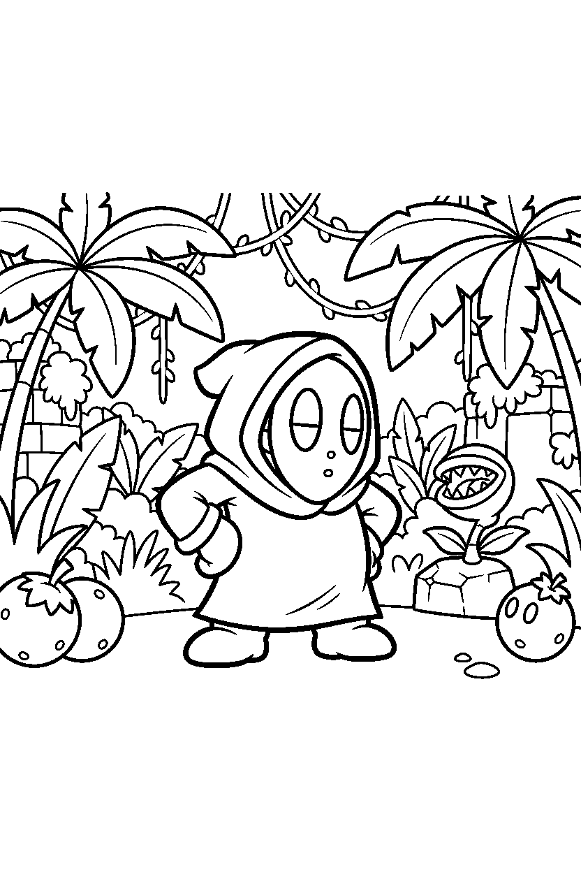 shy guy posing proudly in a jungle level line art