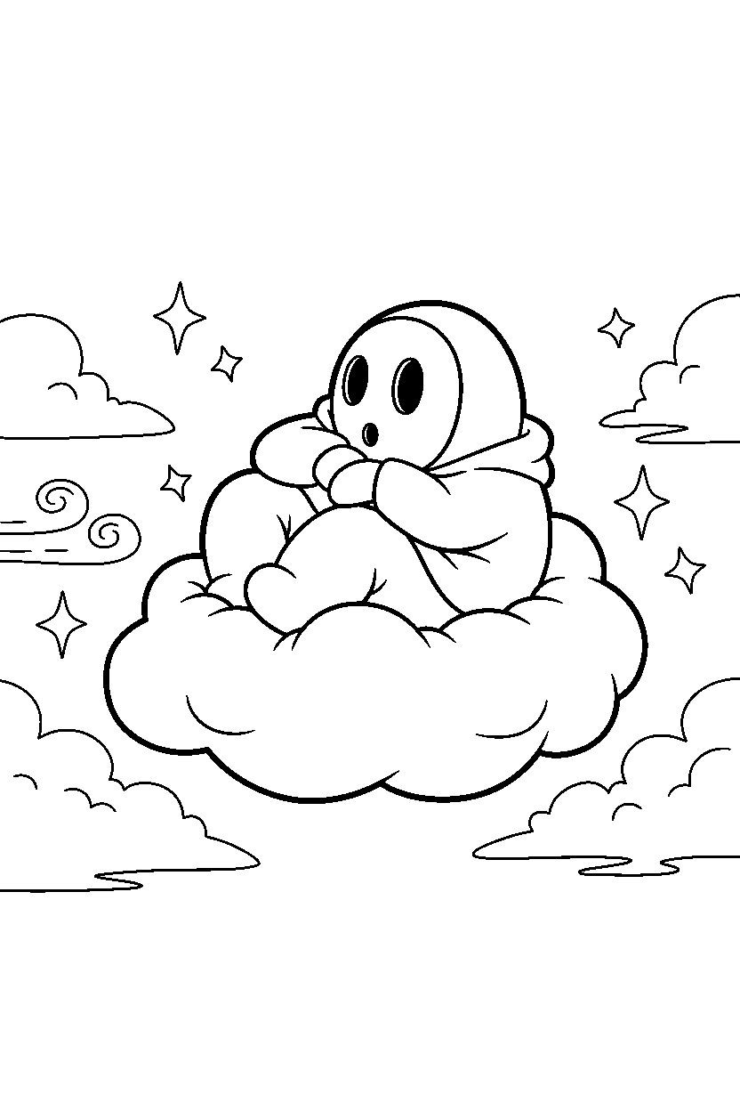 shy guy relaxing peacefully in a sky level line art