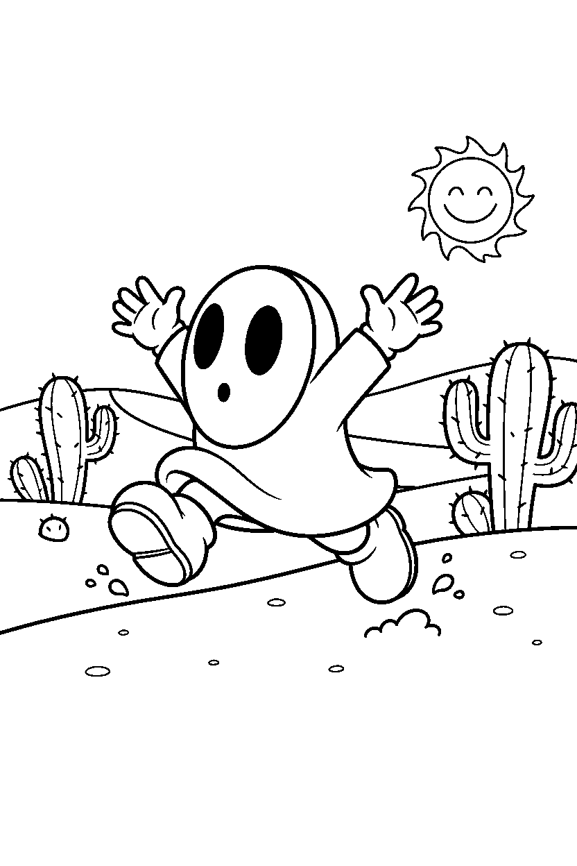 shy guy running happily in a desert level line art