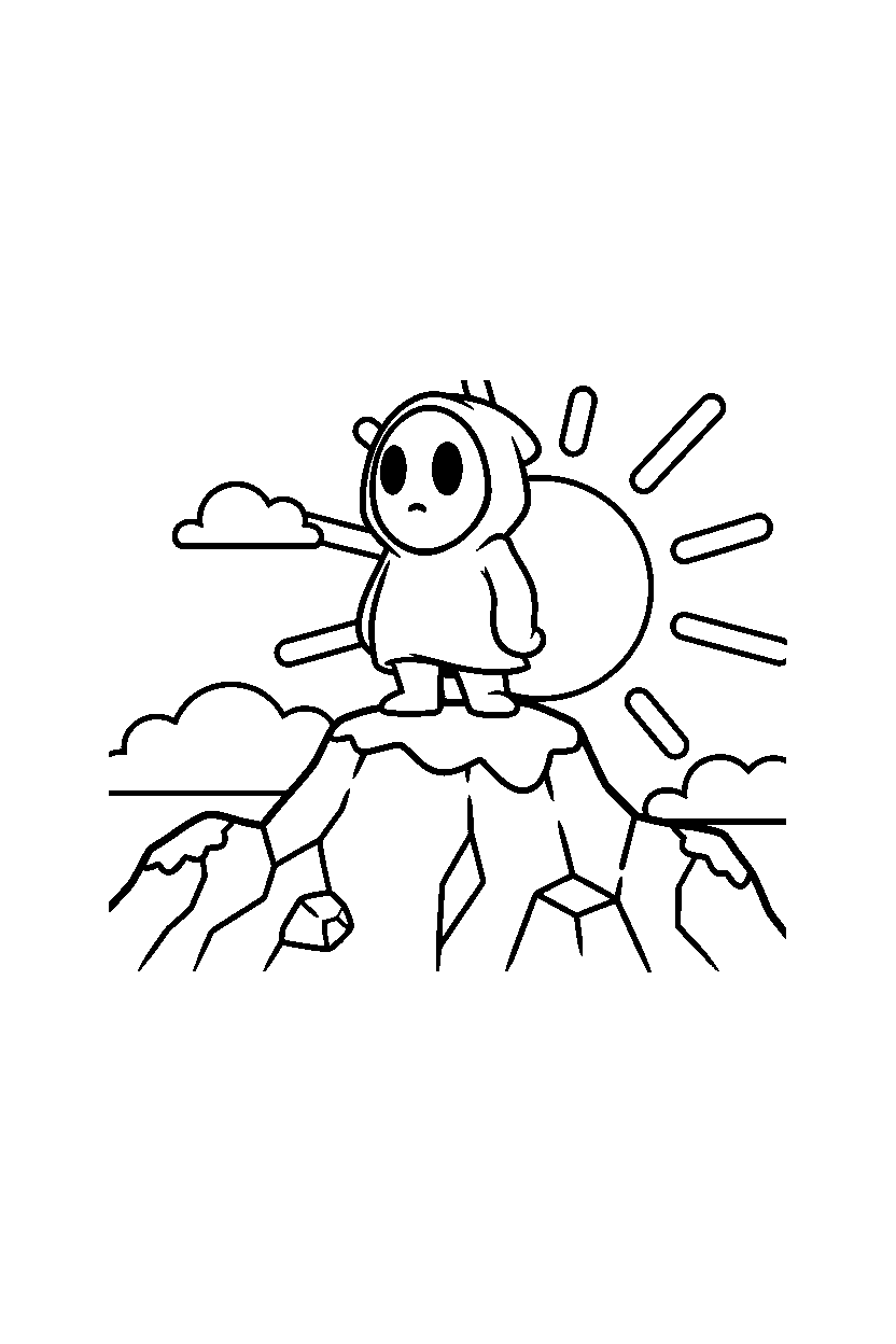 shy guy standing bravely on a mountain level line art