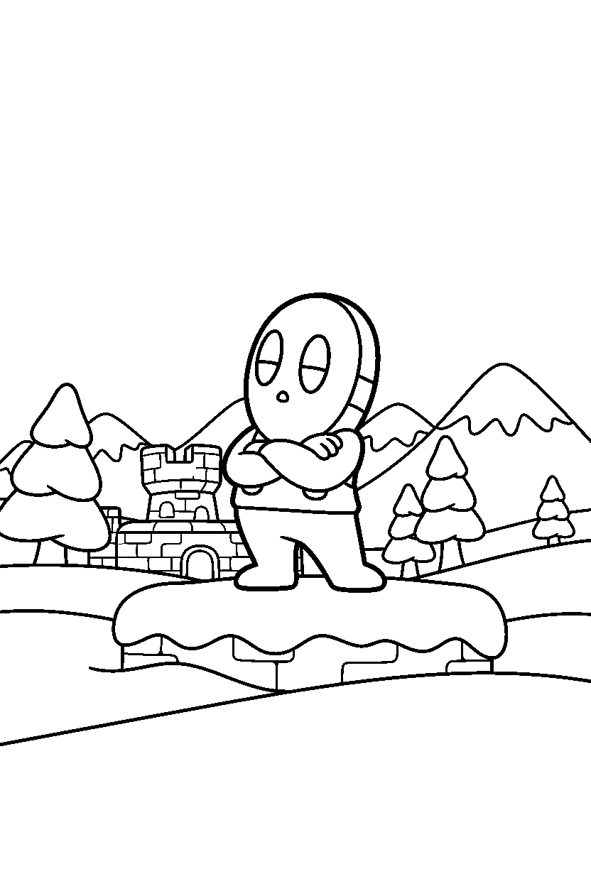 shy guy standing proudly in a snowy level line art