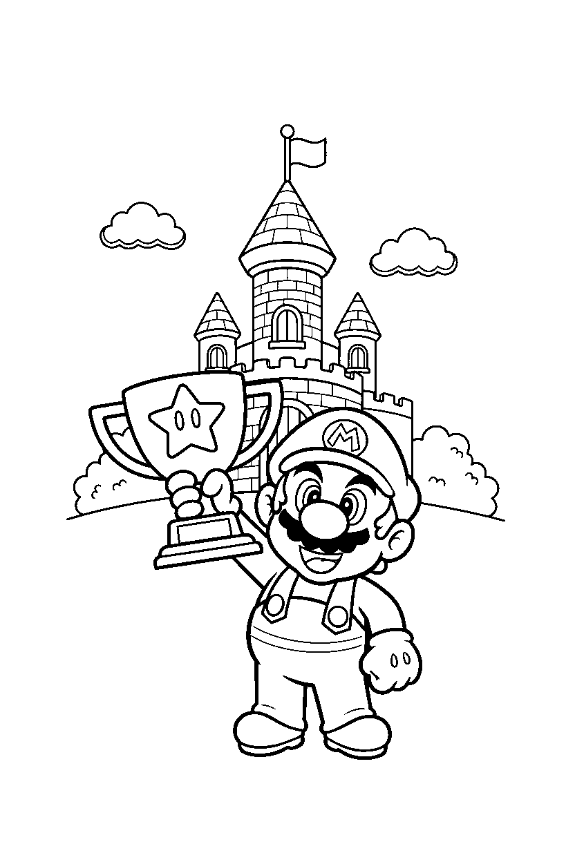 super mario holding a trophy outside a castle line art