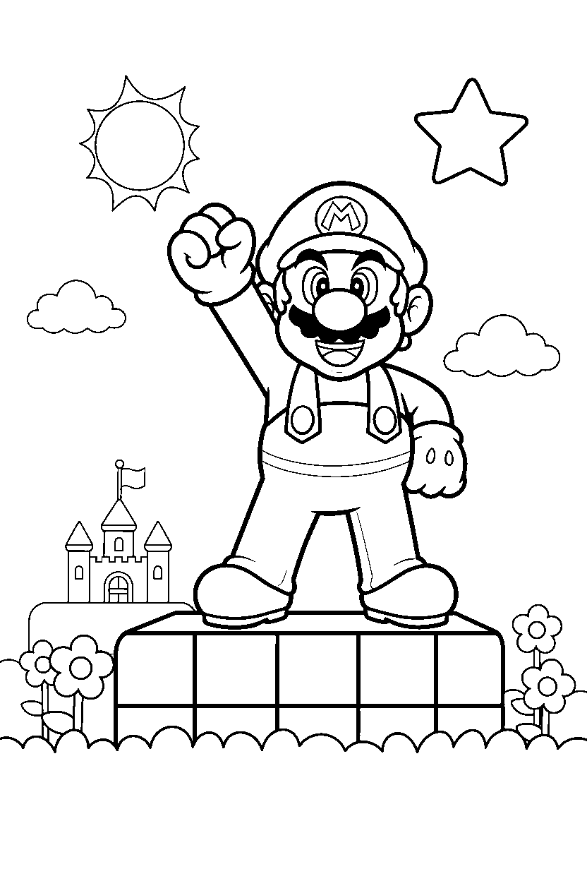 super mario posing on a final level platform line art