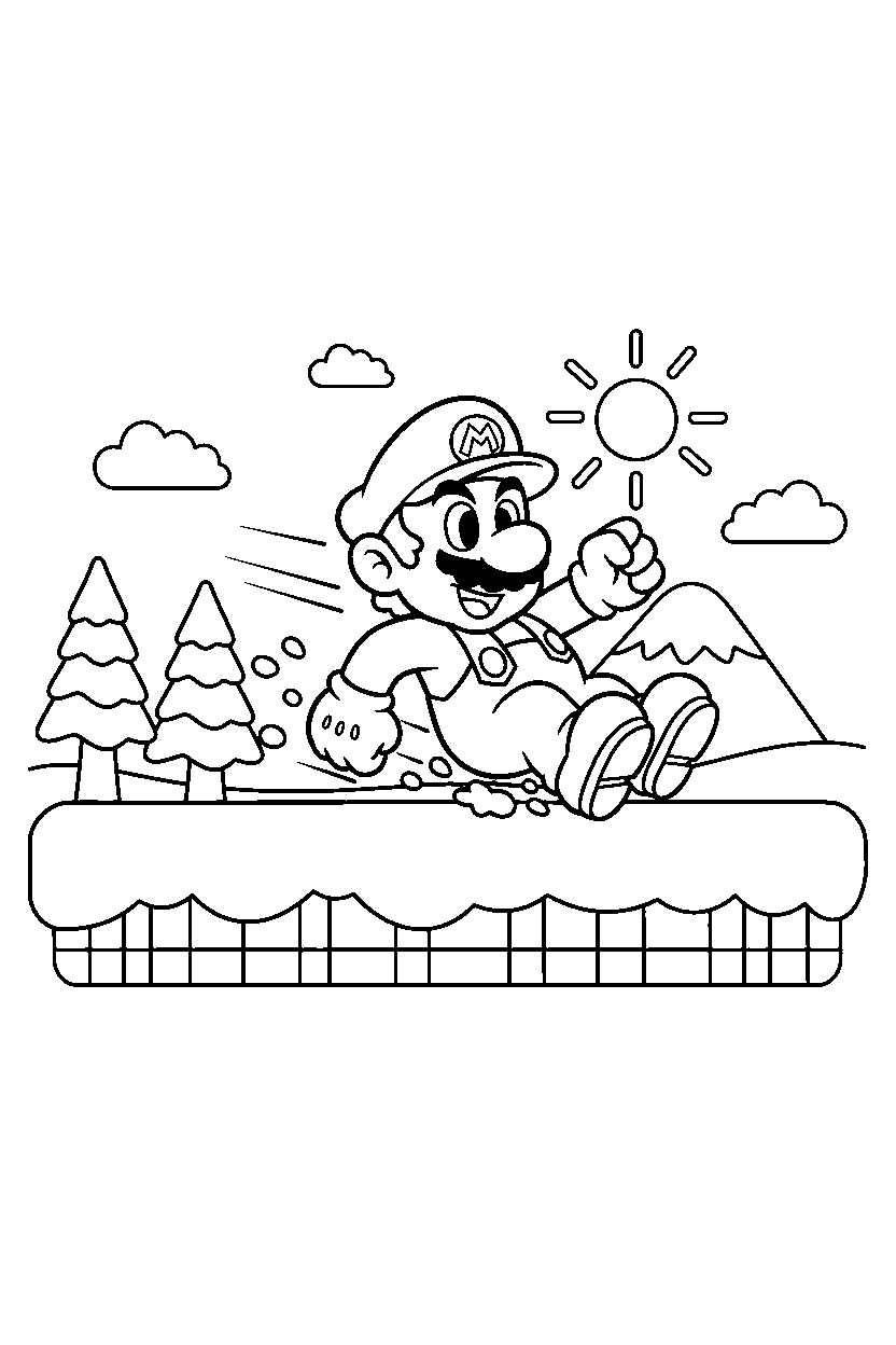 super mario sliding on a snowy platform line art