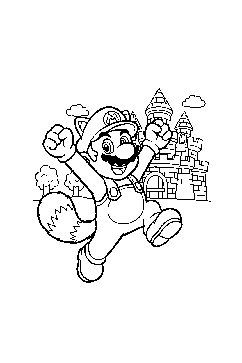 tanooki mario celebrating happily near a castle line art