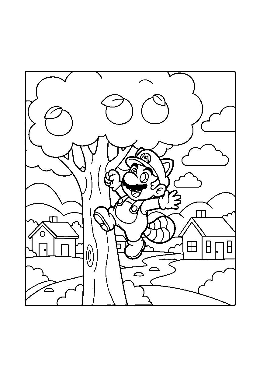 tanooki mario climbing happily in a peaceful village line art