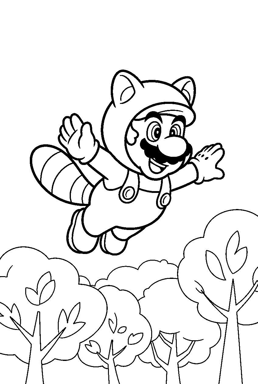 tanooki mario flying above an autumn forest line art