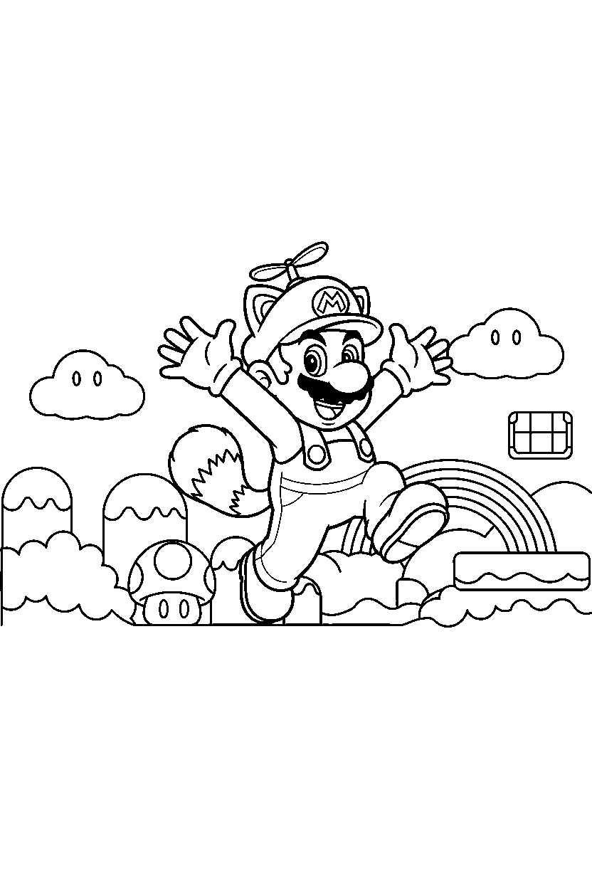 tanooki mario jumping happily in a colorful world line art