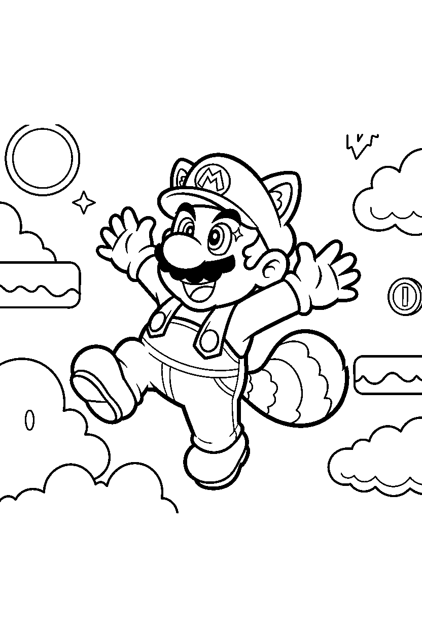 tanooki mario looking excited in a sky level line art