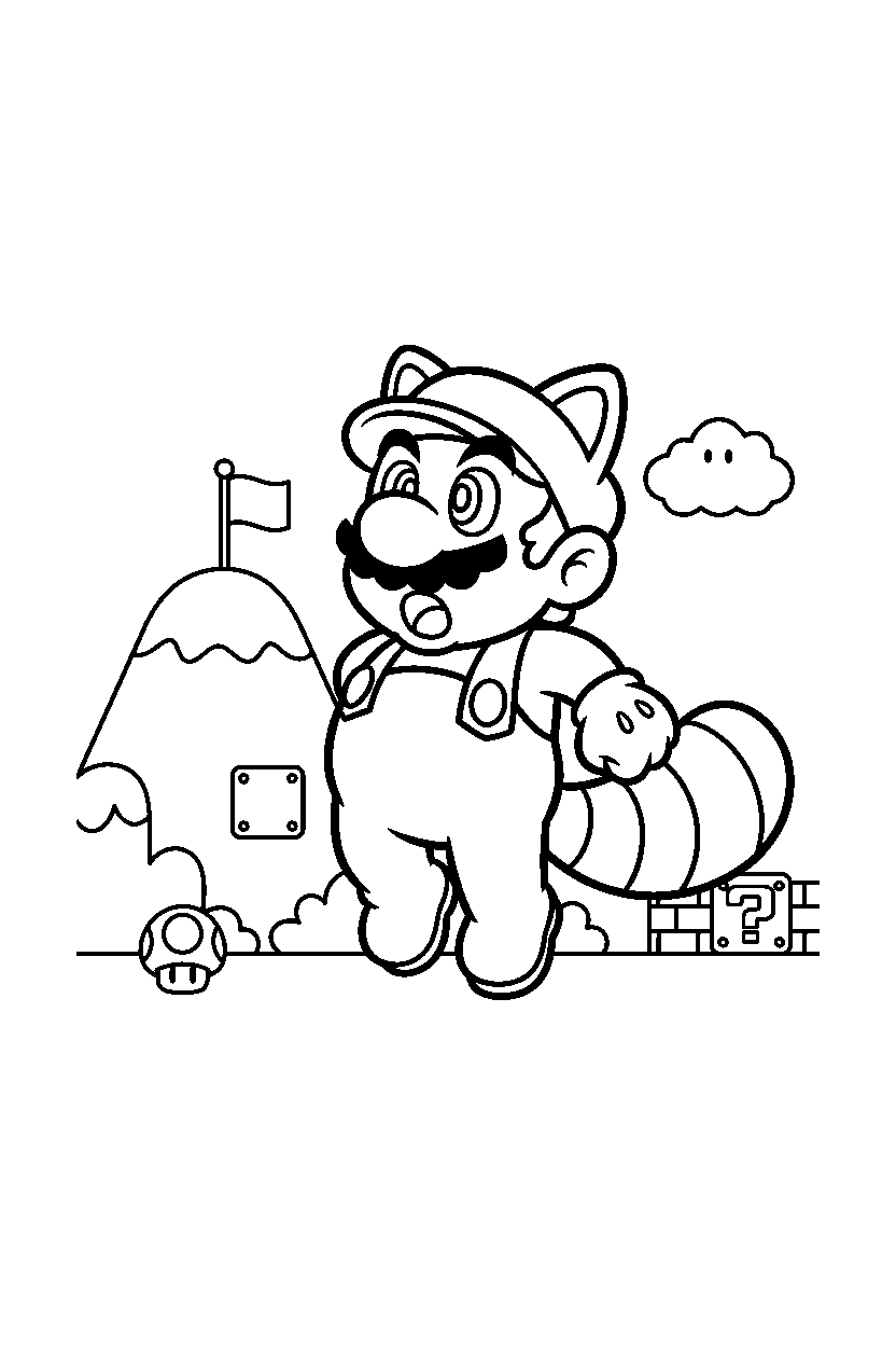 tanooki mario looking surprised in a bright adventure land line art
