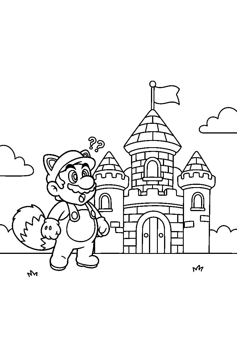 tanooki mario looking surprised near a castle line art