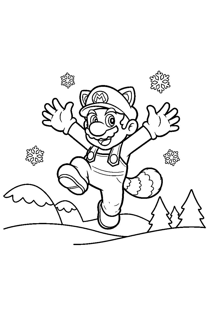 tanooki mario playing happily in a snowy level line art
