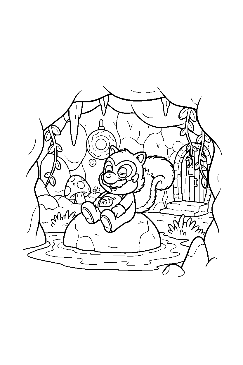tanooki mario relaxing peacefully in a hidden cave line art