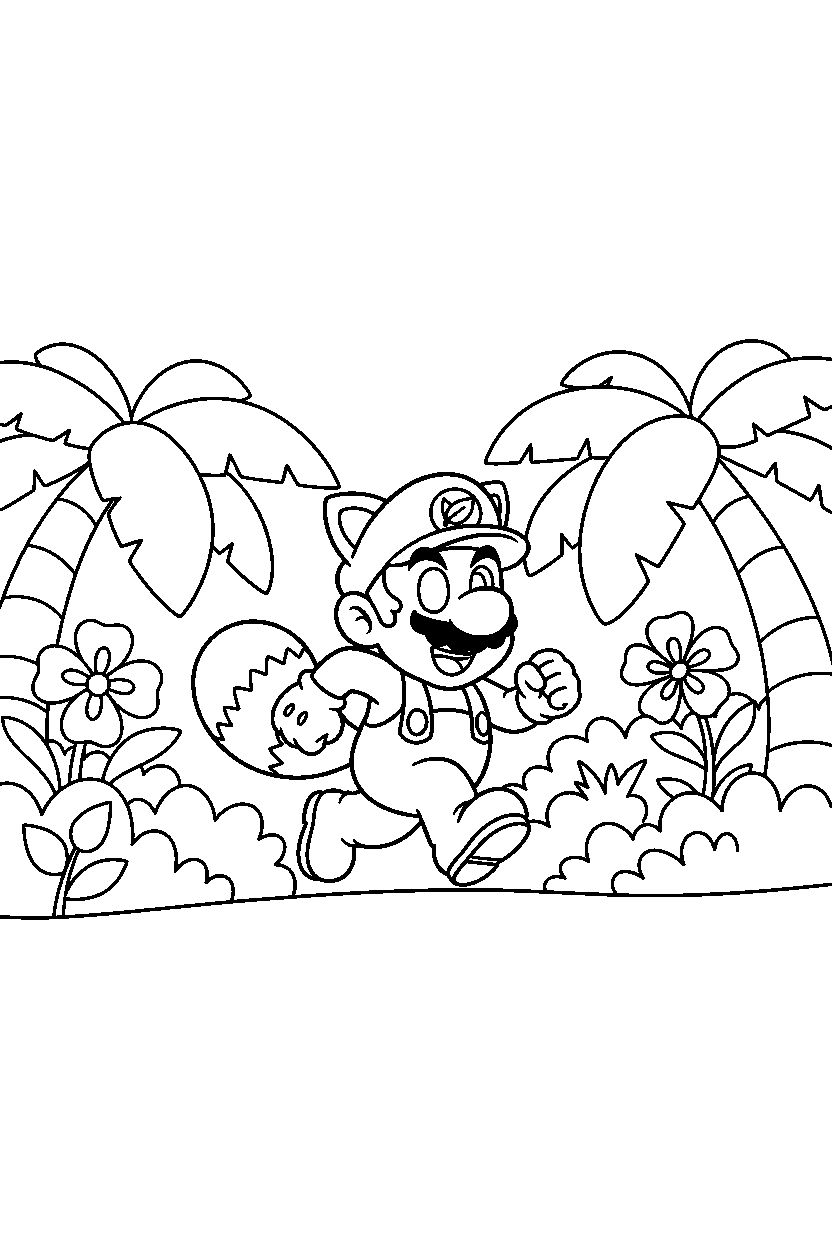tanooki mario running happily in a jungle level line art