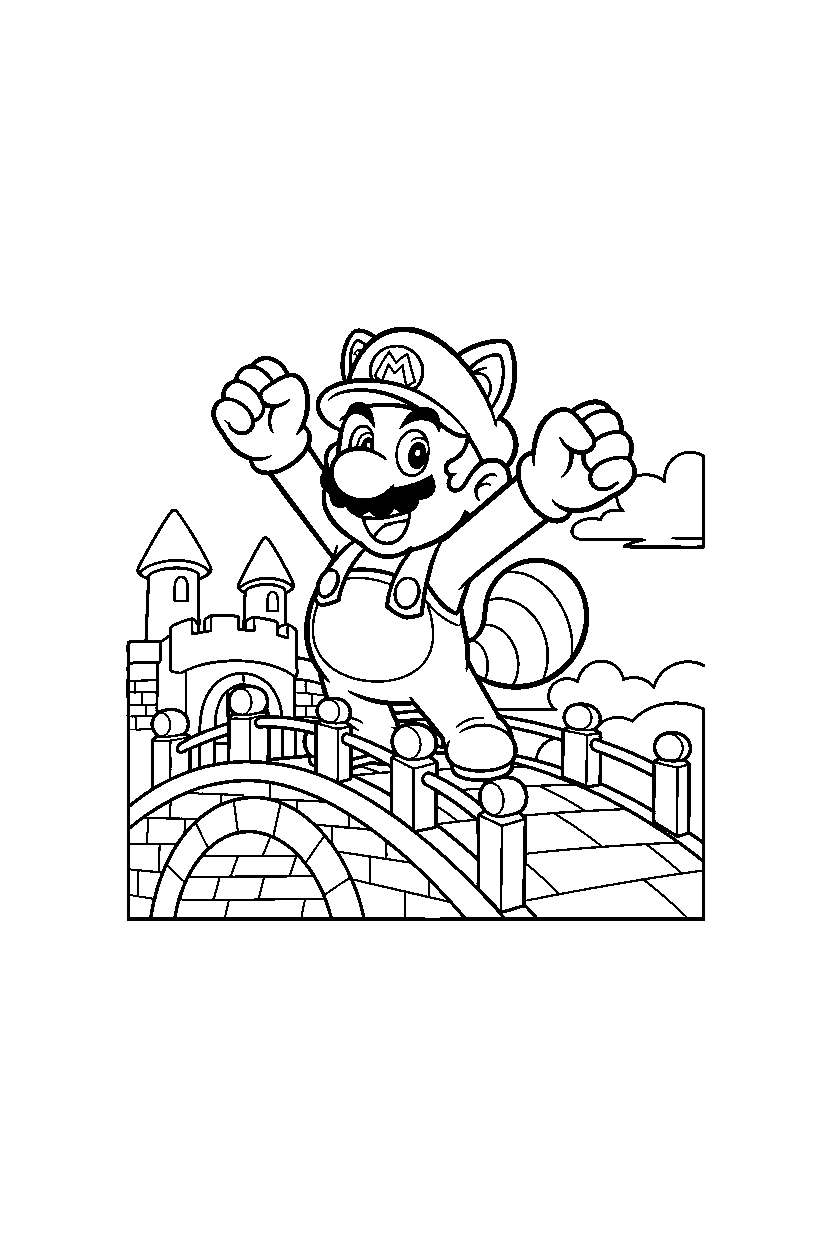 tanooki mario smiling happily on a castle bridge line art