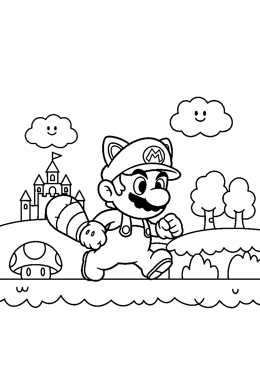tanooki mario walking carefully in a bright adventure land line art