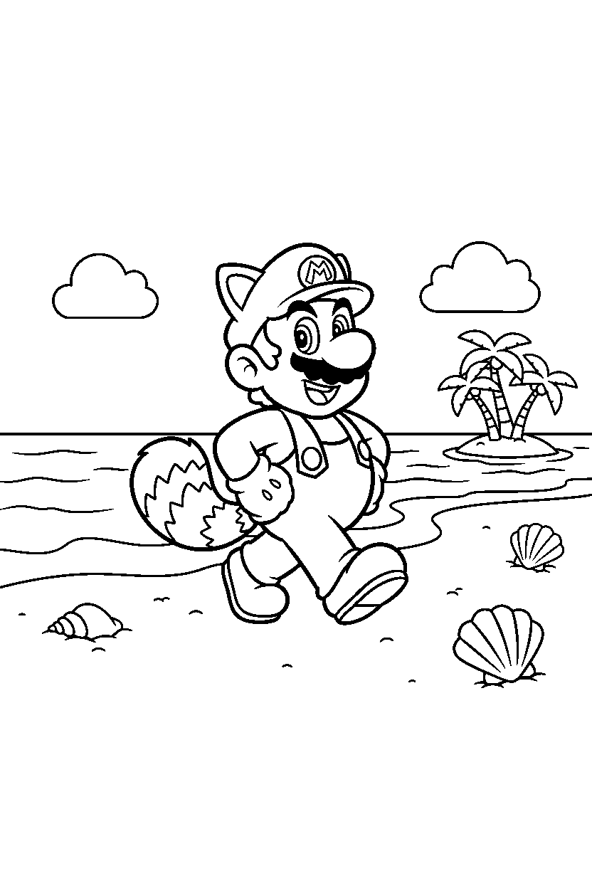 tanooki mario walking proudly in a beach level line art
