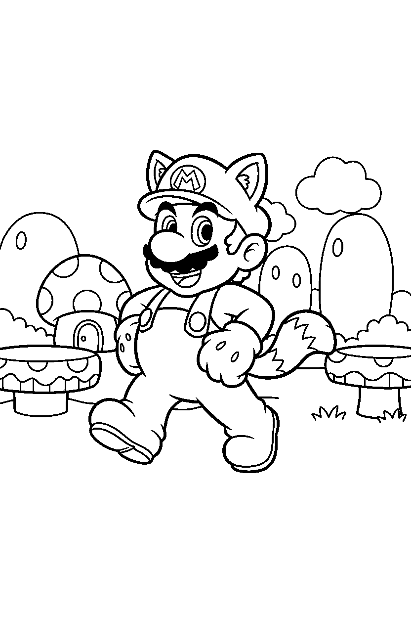 tanooki mario walking proudly in the mushroom kingdom line art