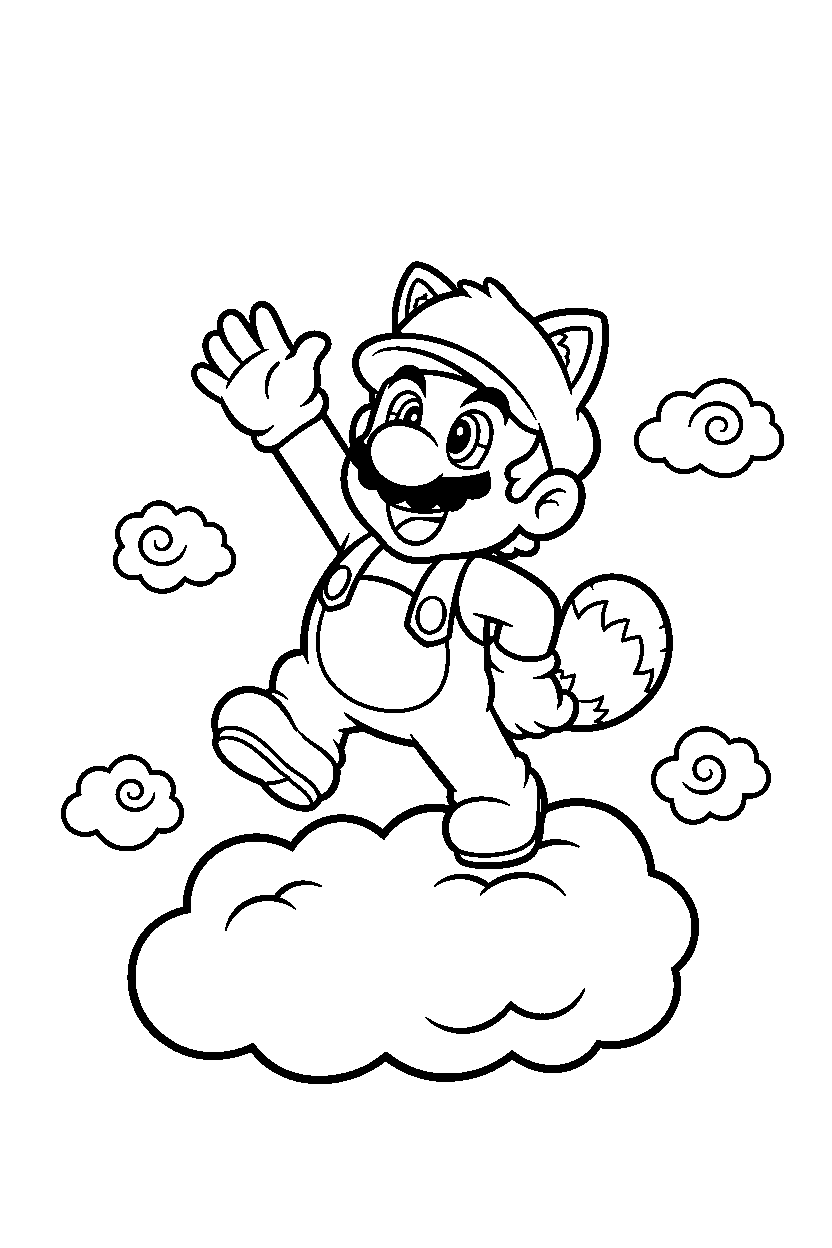 tanooki mario waving happily in a cloud world line art