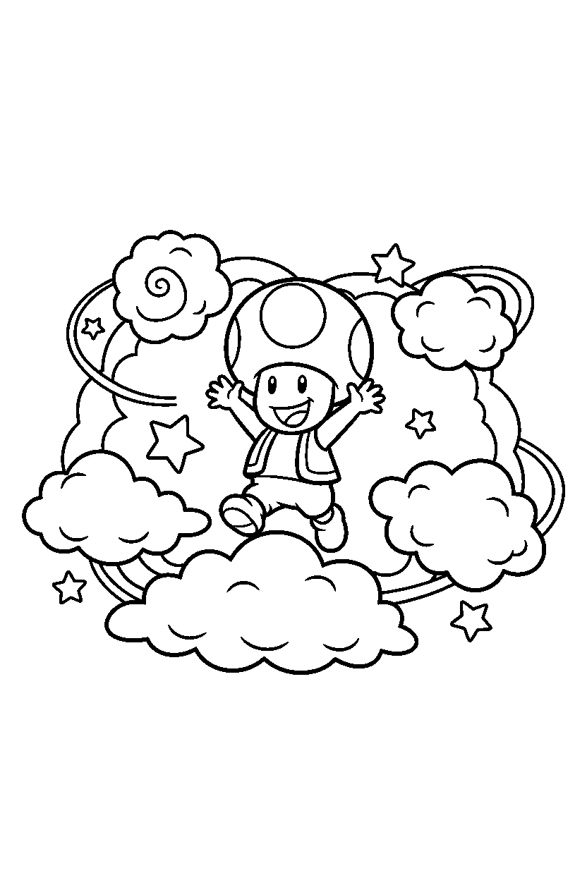 toad from super mario series celebrating adventure in a cloud world line art