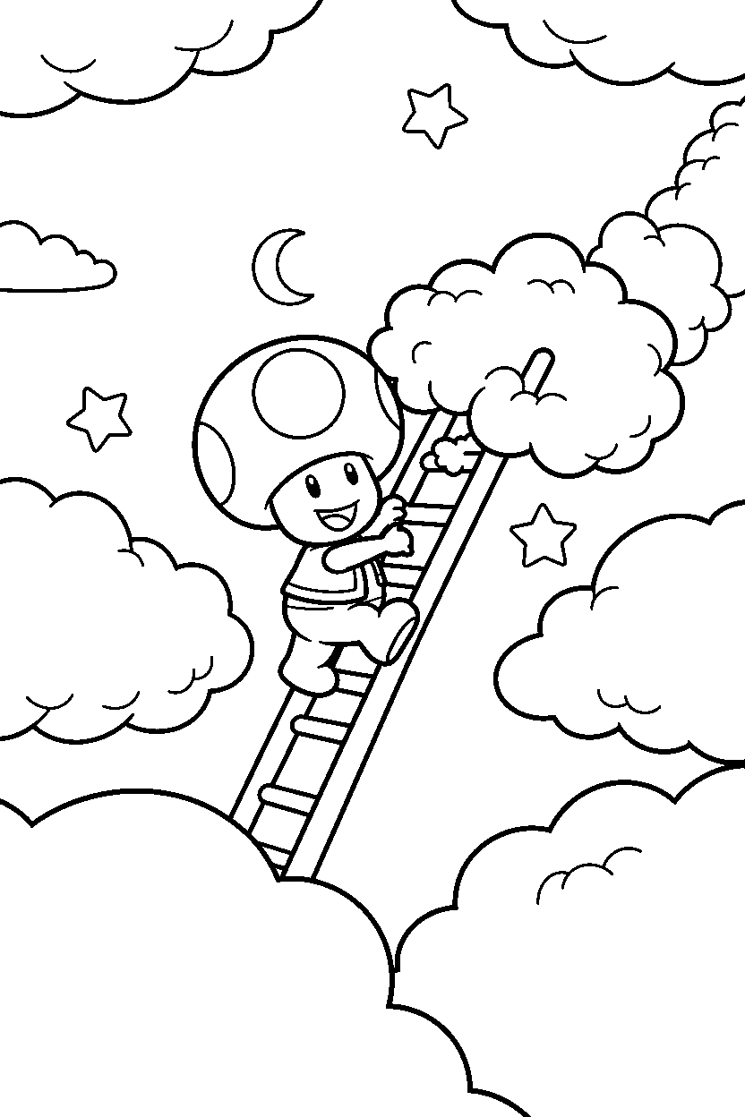 toad from super mario series climbing happily in a cloud world line art