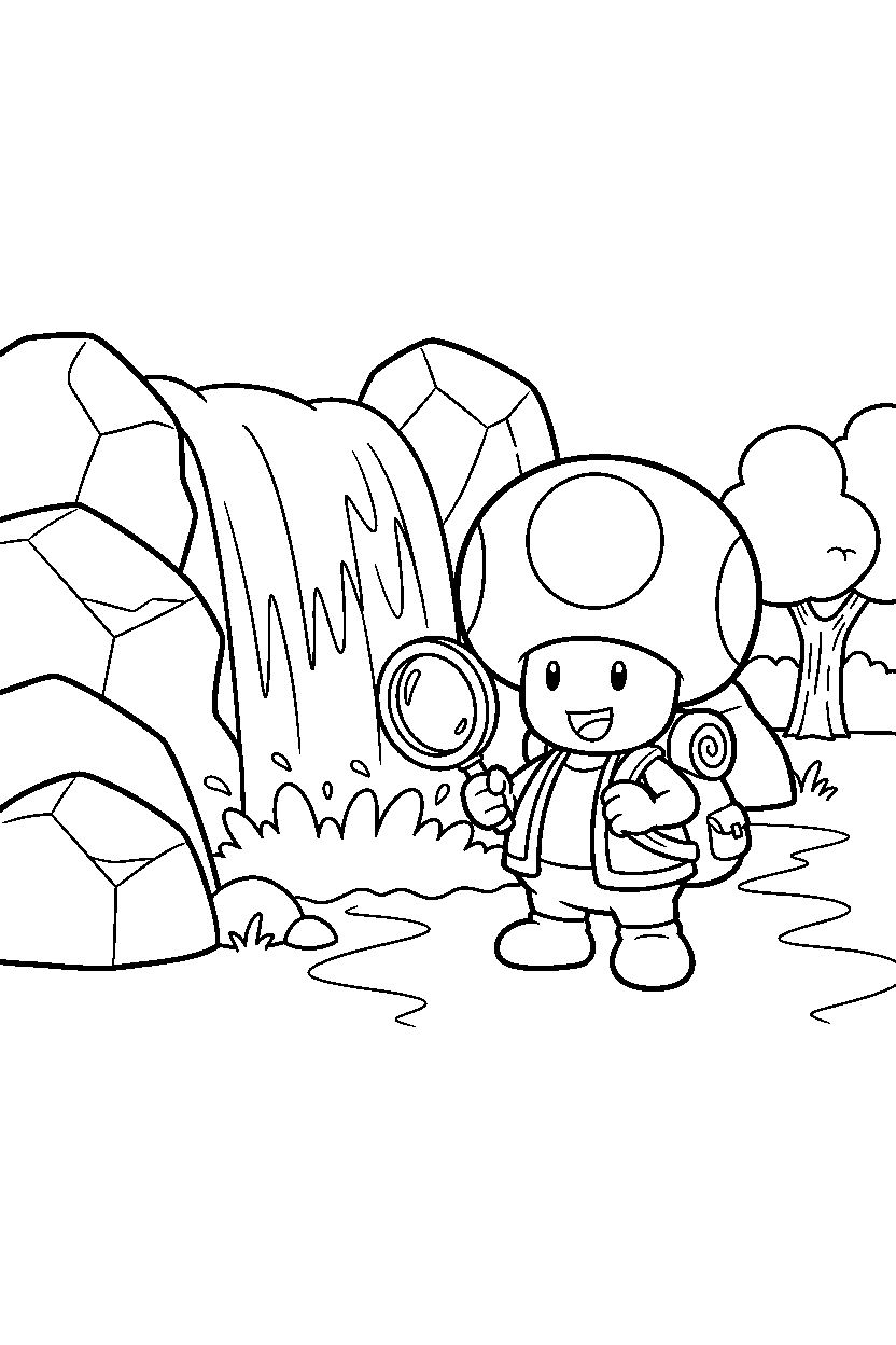 toad from super mario series getting ready to explore near a waterfall line art
