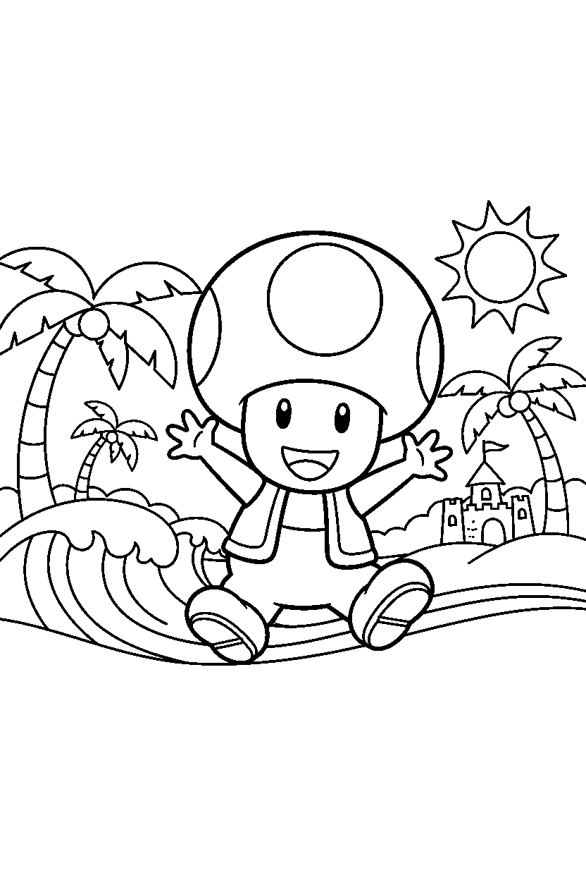 toad from super mario series jumping happily in a beach level line art