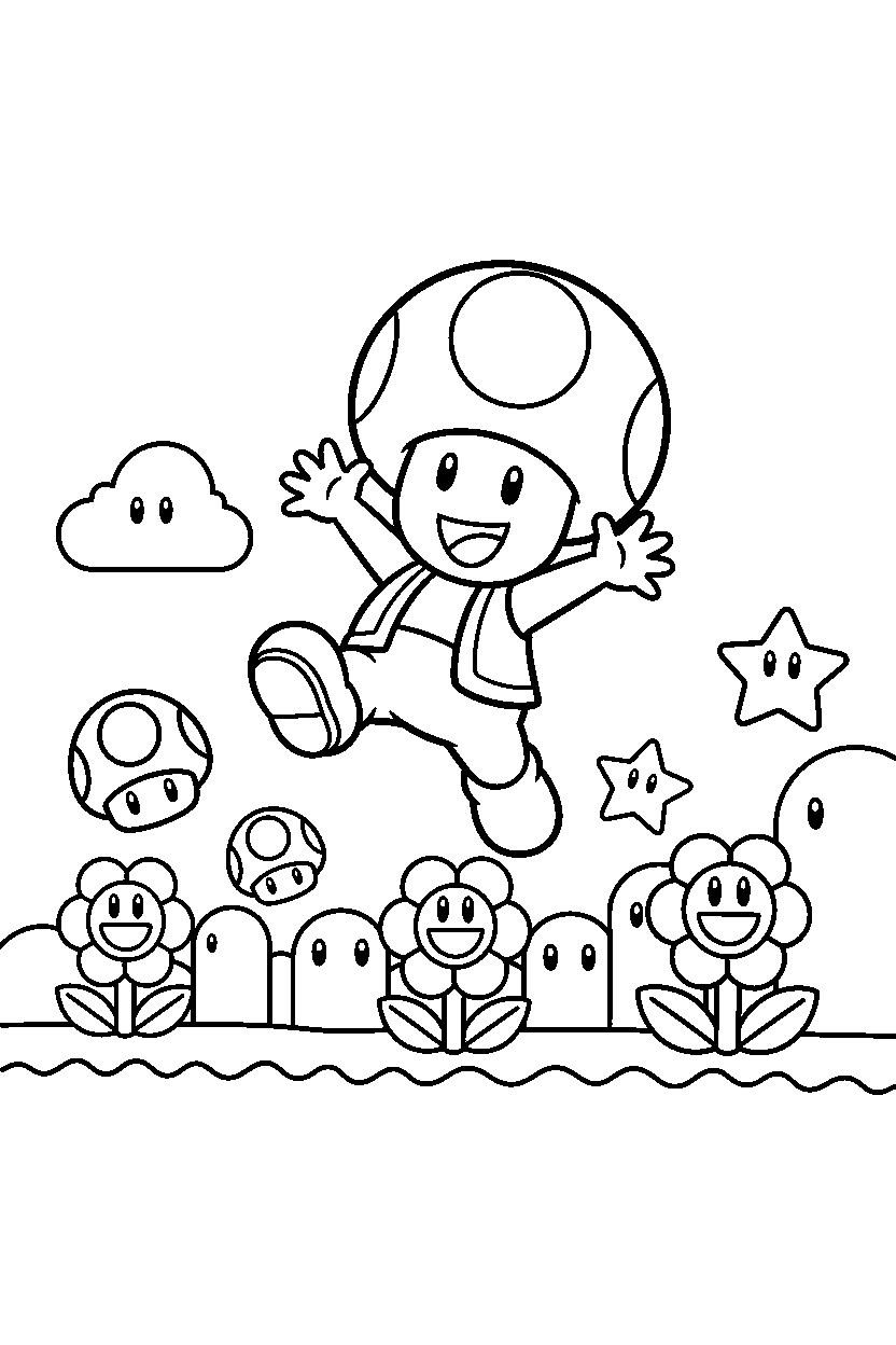 toad from super mario series jumping with joy in a colorful world line art