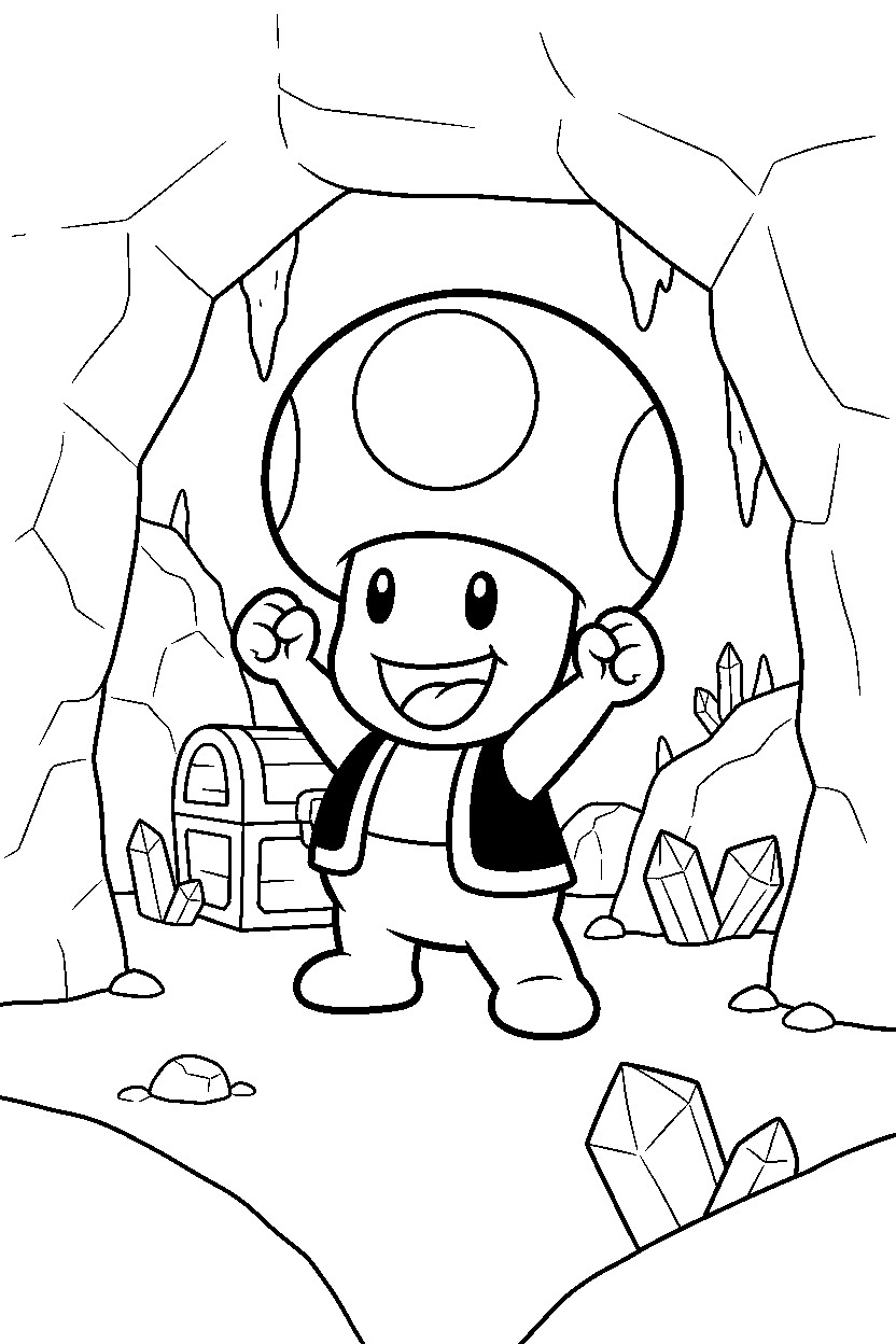 toad from super mario series looking excited in a hidden cave line art