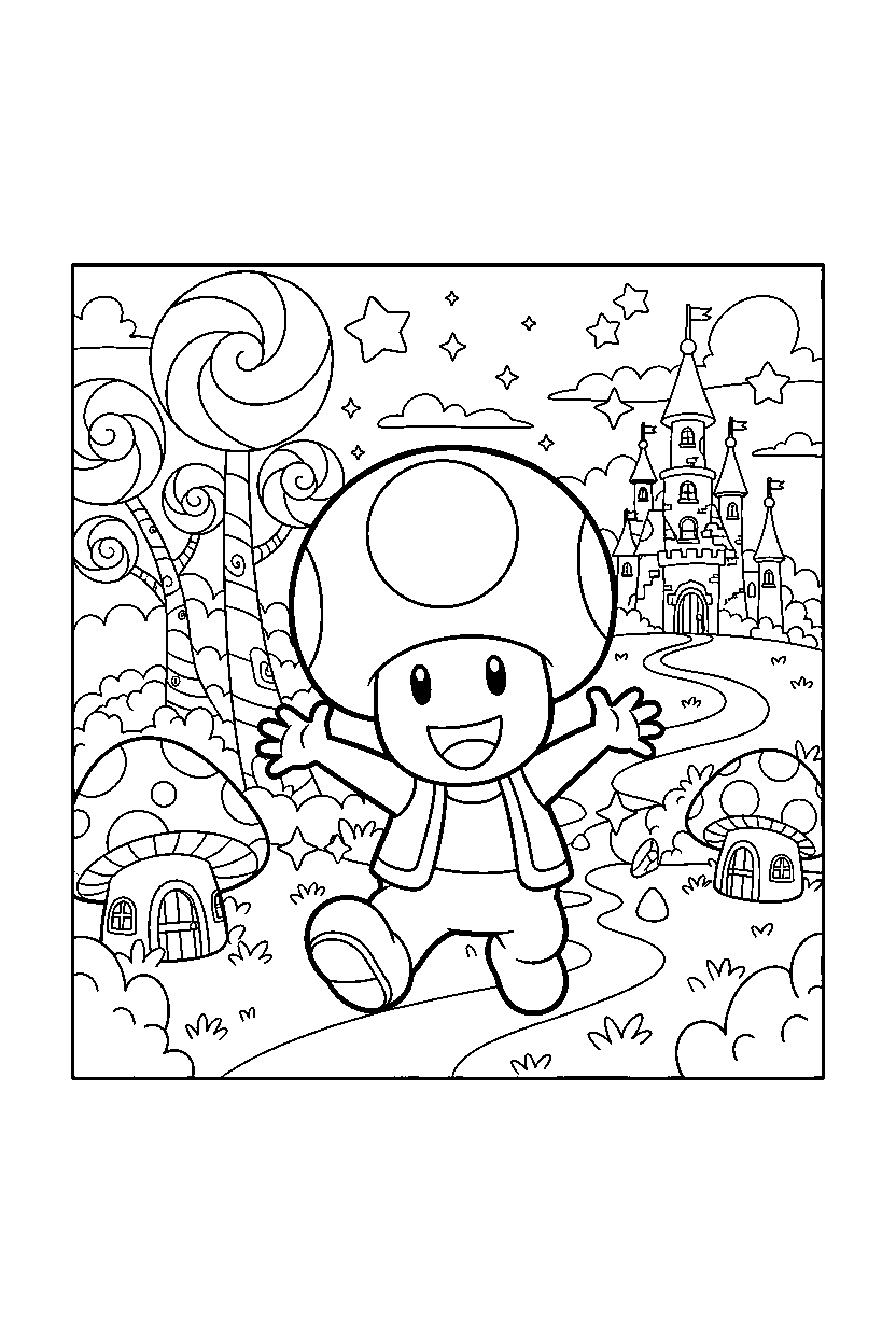 toad from super mario series looking excited in a magical world line art