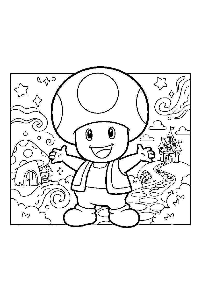 toad from super mario series looking happy in a magical world line art