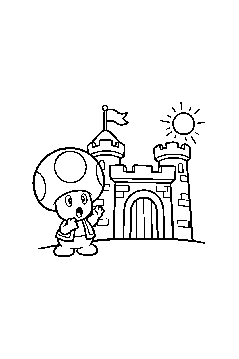 toad from super mario series looking surprised near a fortress line art