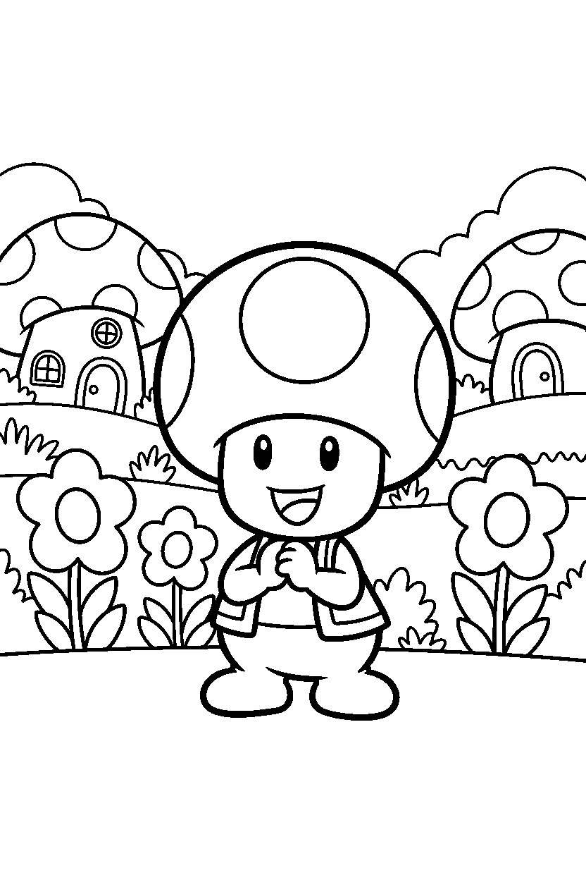 toad from super mario series posing happily in a colorful world line art