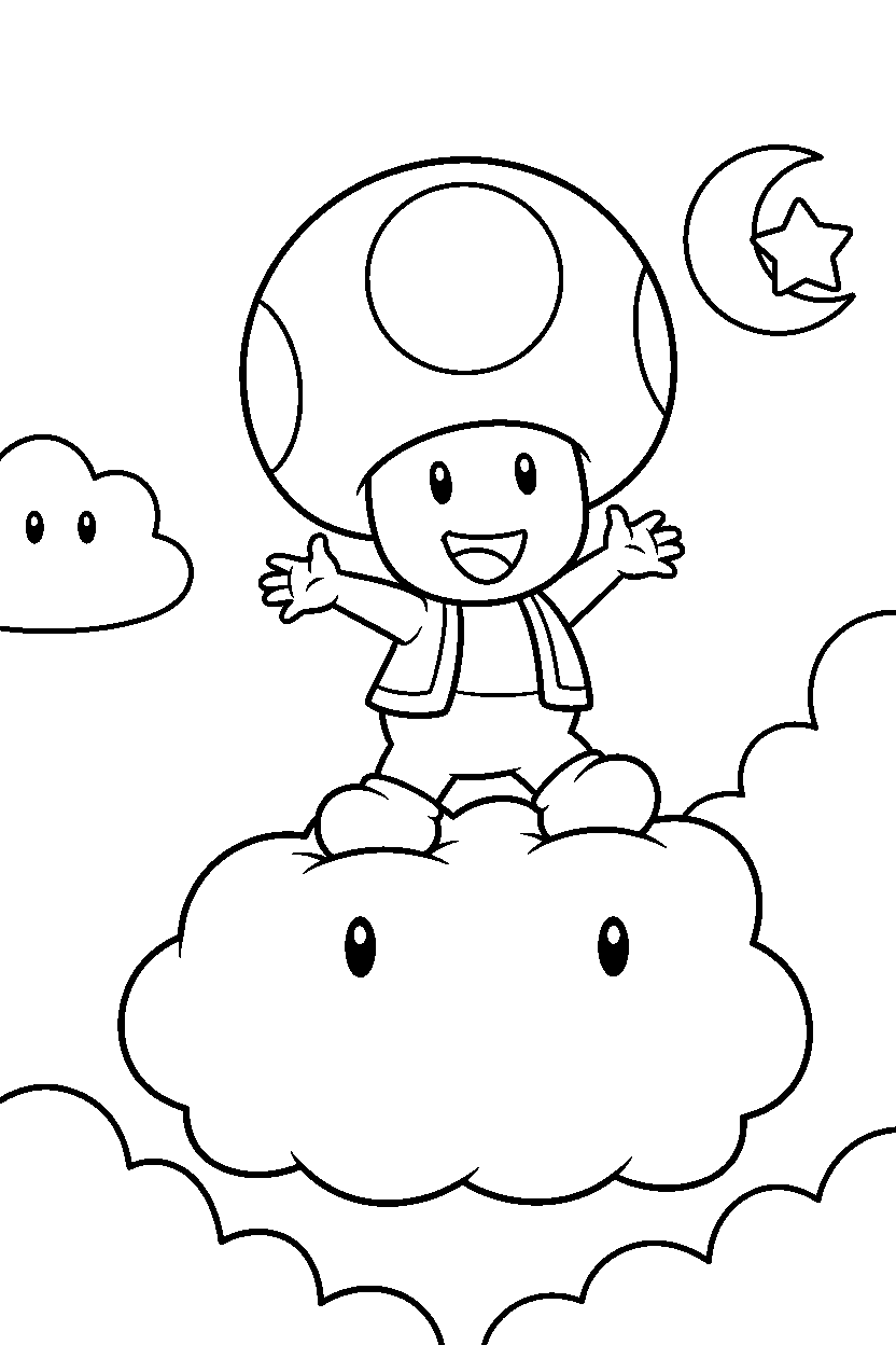 toad from super mario series posing happily in a sky level line art