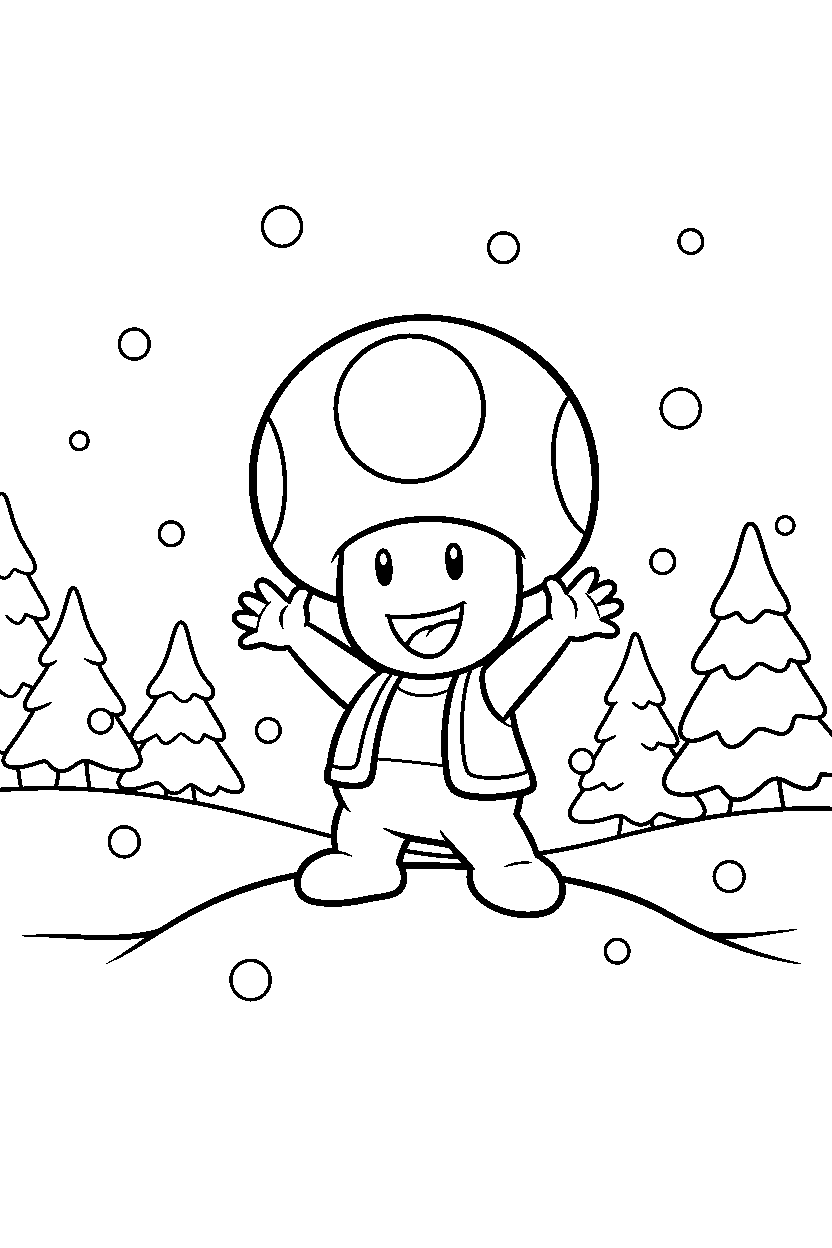 toad from super mario series posing happily in a snowy level line art