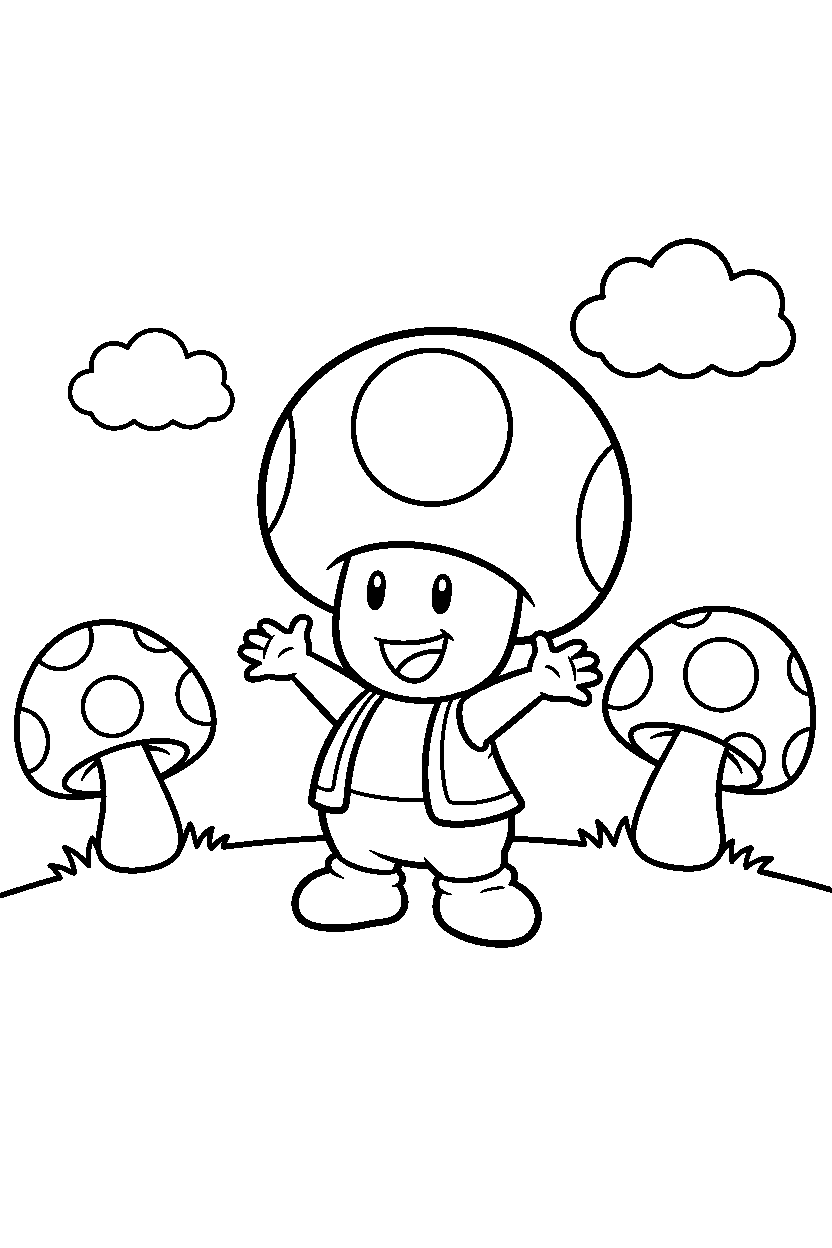 toad from super mario series posing happily in the mushroom kingdom line art