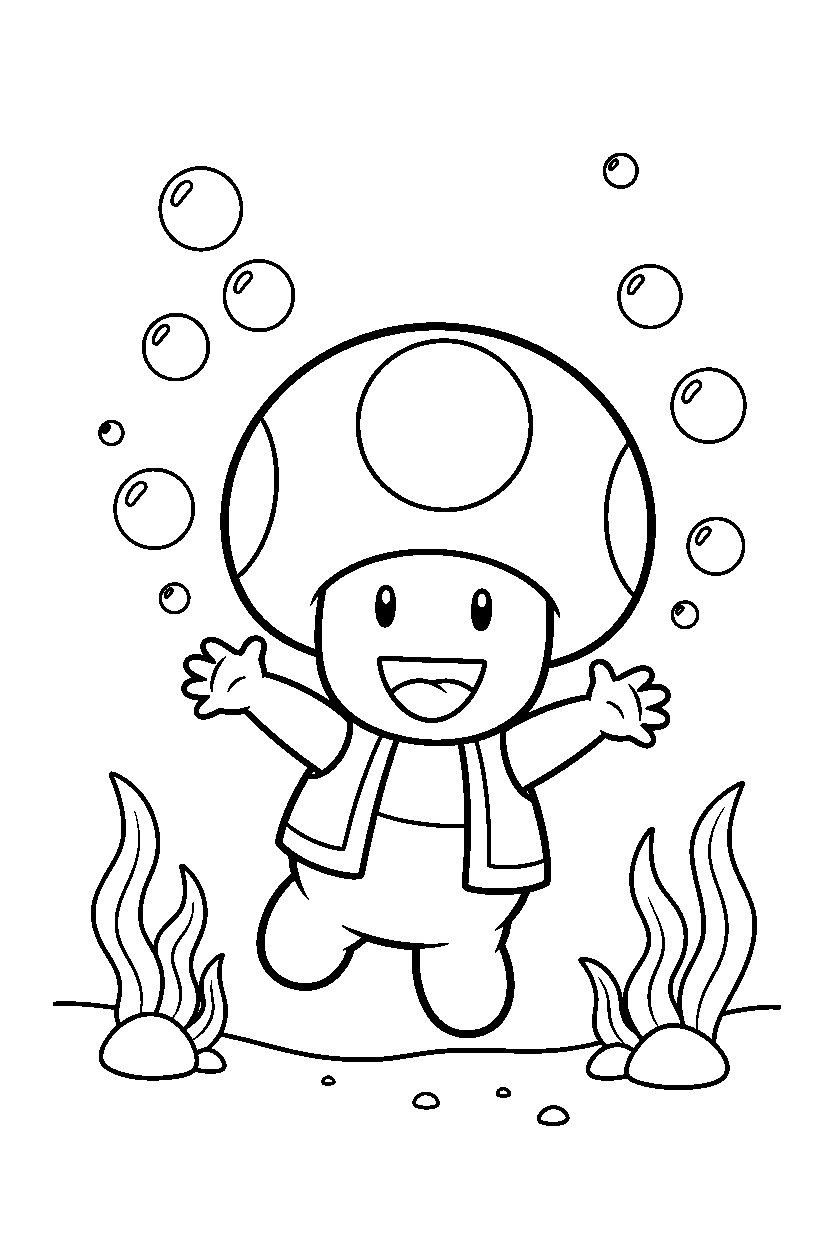 toad from super mario series posing happily underwater line art