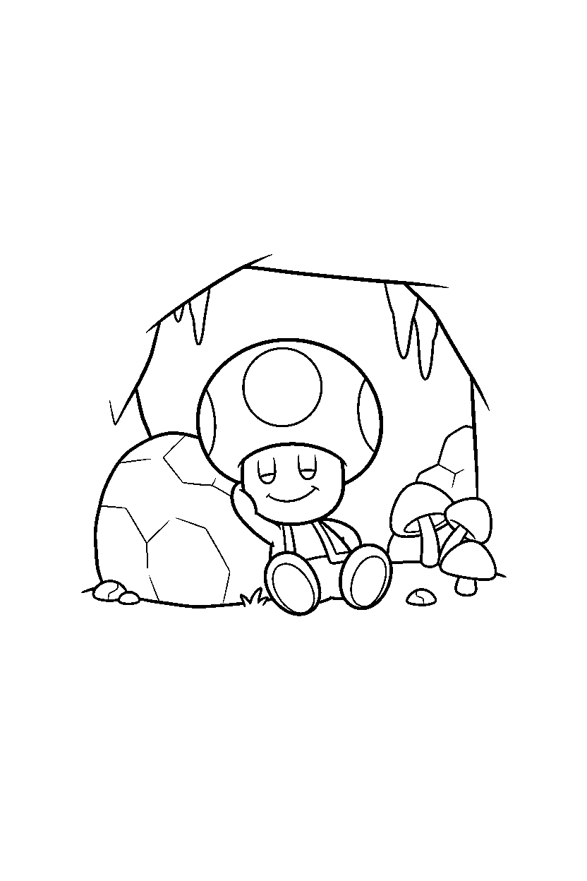toad from super mario series resting happily in a hidden cave line art