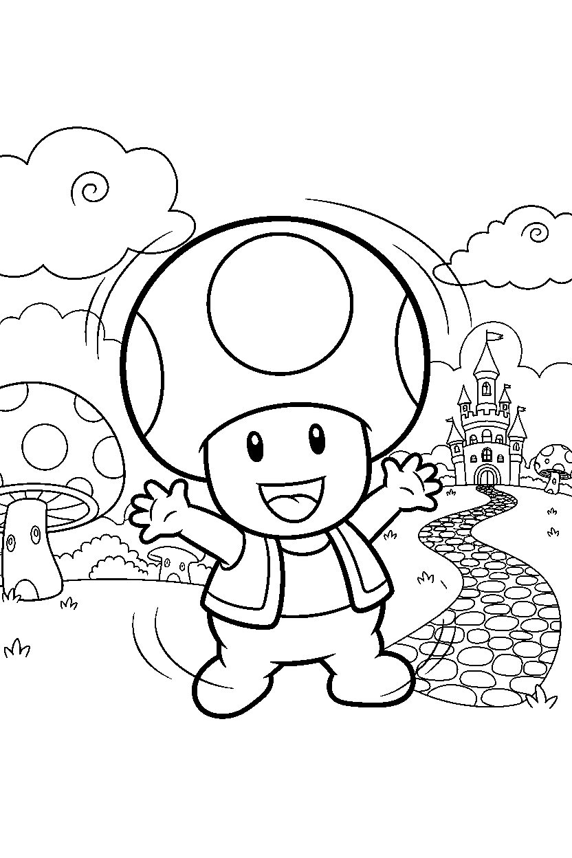toad from super mario series spinning happily in a fantasy land line art