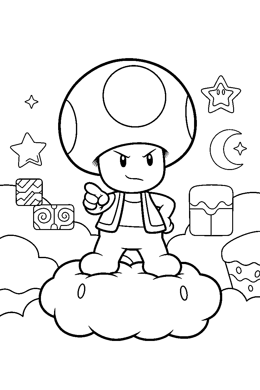 toad from super mario series standing bravely in a sky level line art