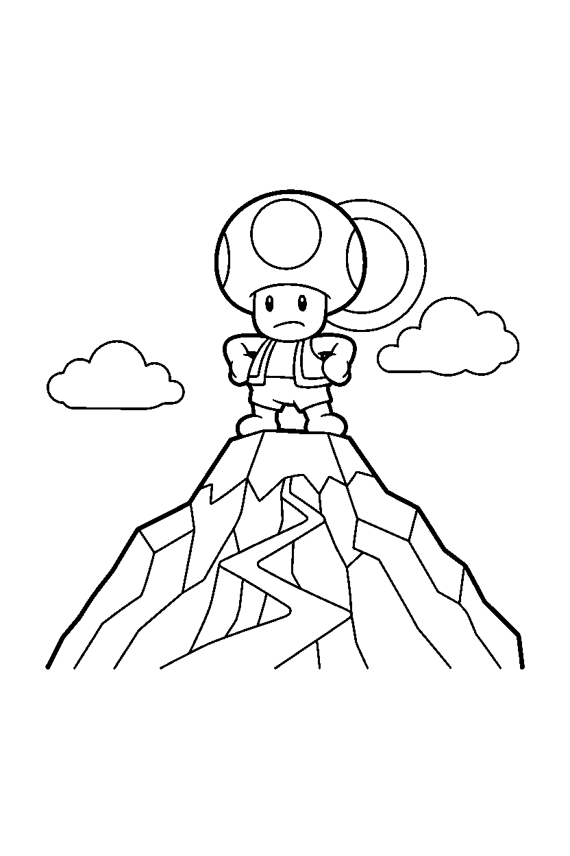 toad from super mario series standing bravely on a mountain level line art