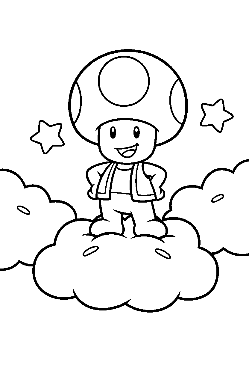 toad from super mario series standing proudly in a cloud world line art