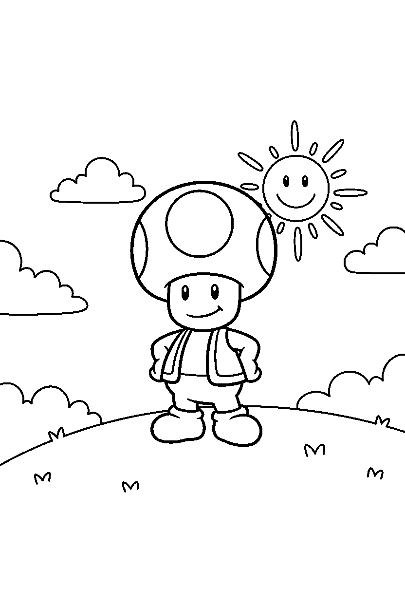 toad from super mario series standing proudly on a sunny hill line art