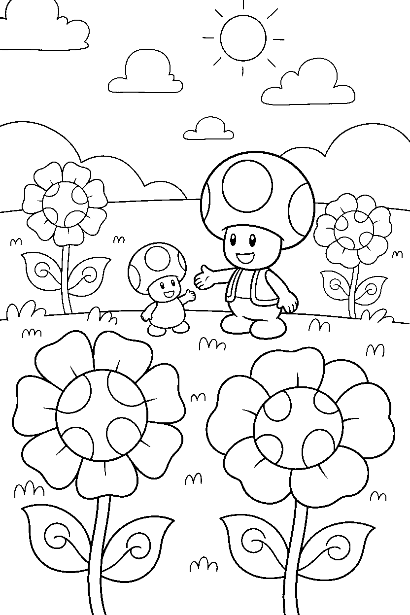 toad helping a friend in a flower field line art
