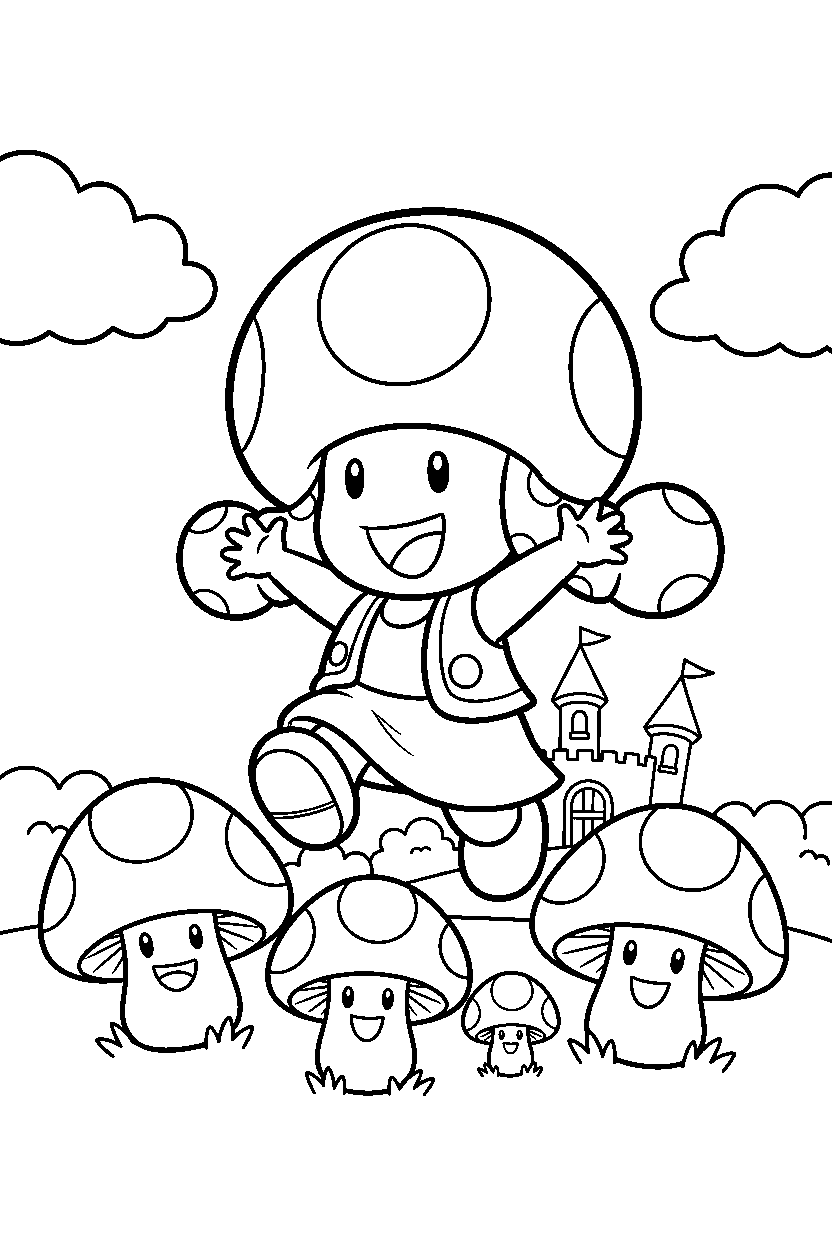 toadette jumping happily in the mushroom kingdom line art
